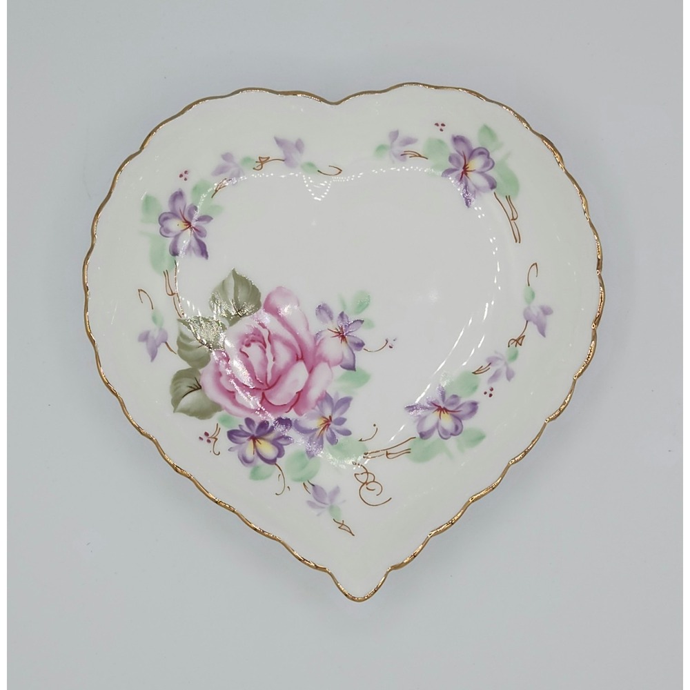 Lefton China Pink Rose Heart Shaped Trinket/Candy Dish Hand Painted Scalloped Ed
